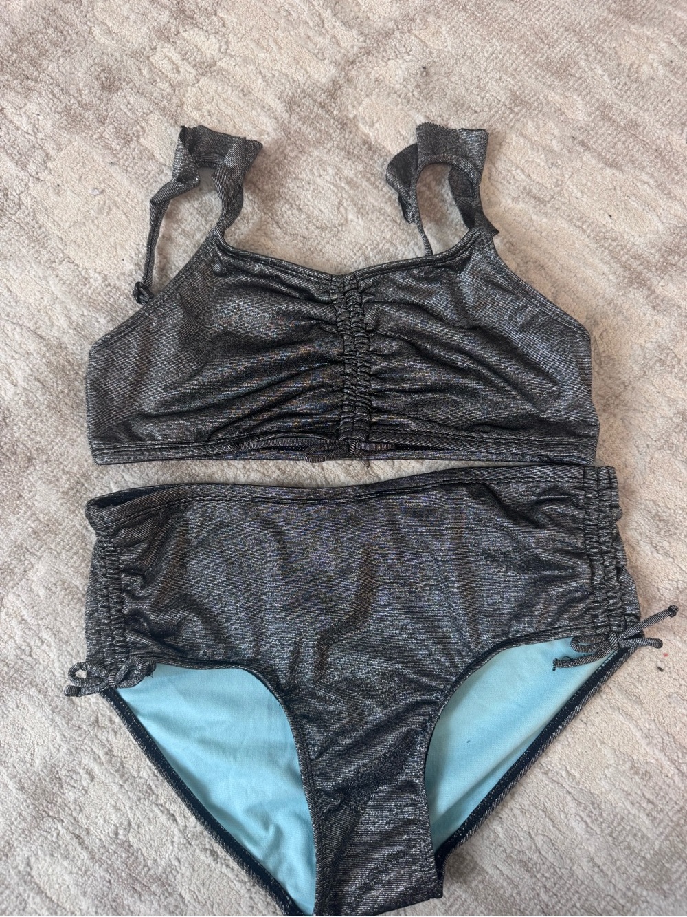 Girls Metallic Black Two-Piece Swim Set
